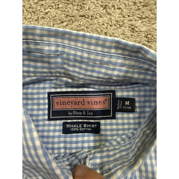 Vineyard Vines Shirt Youth Medium Blue Whale Tucker Button Up Gingham Plaid - Picture 3 of 6